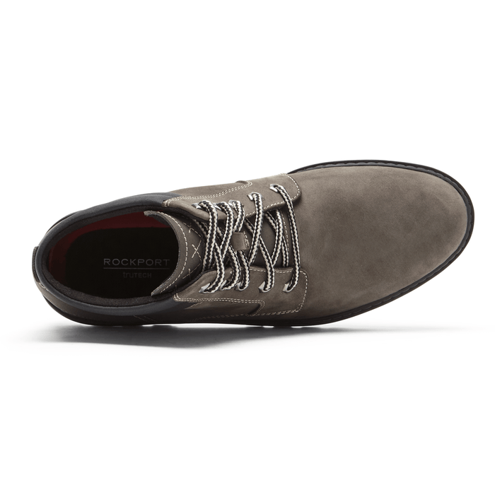 Rockport Weather or Not Waterproof Boot in gray suede with black collar and patterned laces, top view.
