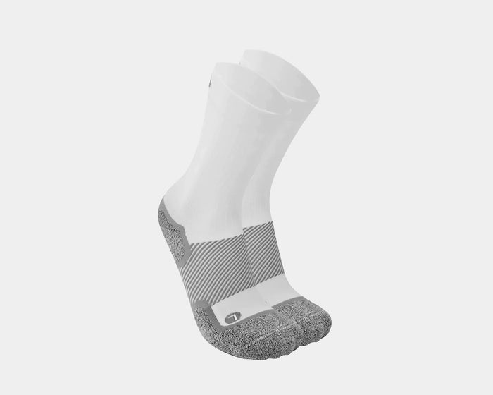OS1st Wellness Performance Crew Socks in white and gray with cushioned sole and ribbed compression support, angled front view.