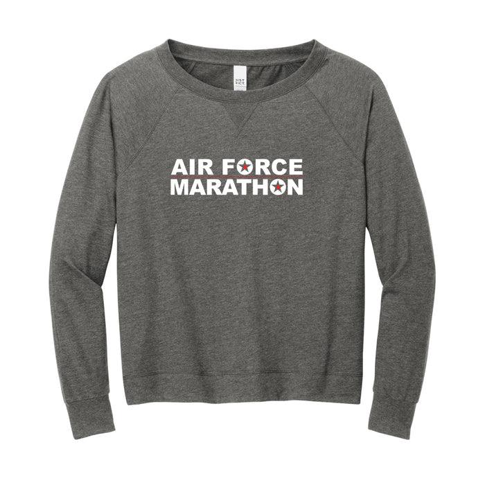 Gray long-sleeve shirt with 'Air Force Marathon' text on a white background