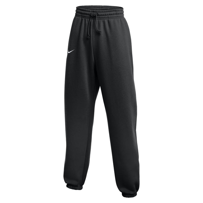 Black sweatpants with a white logo on a white background