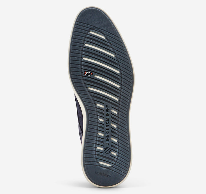 Johnston & Murphy XC+ Parker shoe outsole in dark blue with slip-resistant tread and brand logo, sole/bottom view