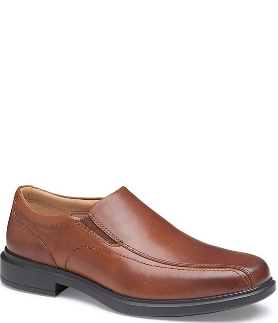 Johnston & Murphy XC4 Stanton 2.0 Waterproof Run-Off Slip-On shoes in cognac brown leather with cushioned sole, side view.