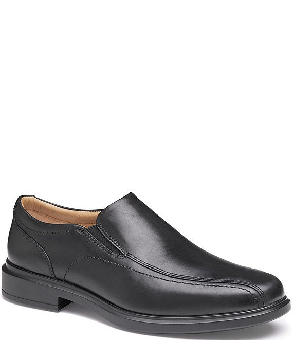 Johnston & Murphy XC4 Stanton 2.0 Waterproof Run-Off Slip-On shoes in black leather with stitched detailing and slip-on design, side view.