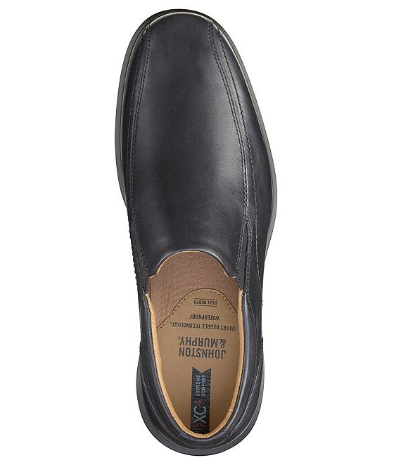 Johnston & Murphy XC4 Stanton 2.0 Waterproof Run-Off Slip-On shoes, black leather upper with smart comfort insole, top view.