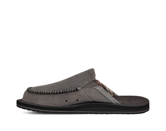 Sanuk You Got My Back St Hemp slip-on shoes in gray hemp fabric with moc toe stitching and woven detailing, side view.
