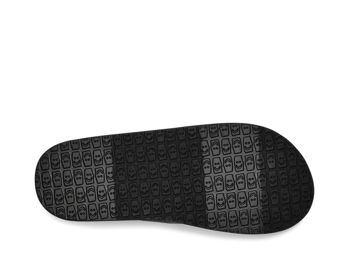 Sanuk You Got My Back St Hemp shoes outsole featuring black rubber with smiley face pattern, sole/bottom view.