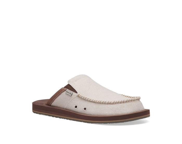 Sanuk You Got My Back St Hemp slip-on shoes in natural hemp fabric with brown accents, minimalist design, side view.