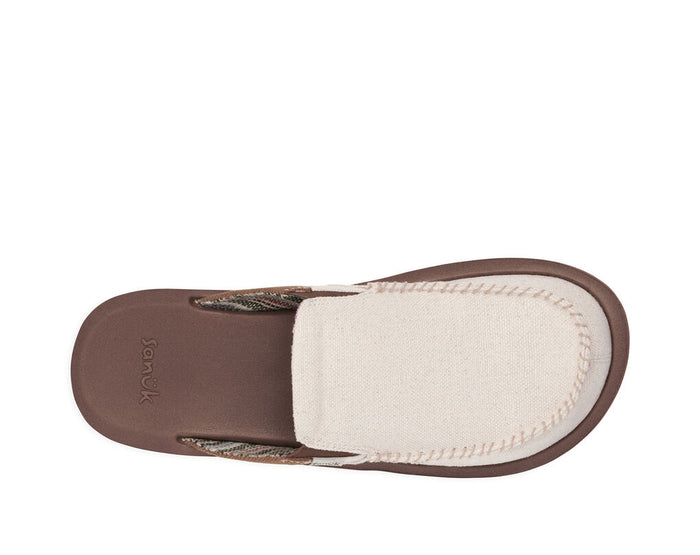 Sanuk You Got My Back St Hemp slip-on sandal in natural hemp upper with visible stitching and brown sole, top view.