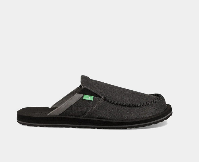 Sanuk You Got My Back III slip-on shoes in dark gray canvas with stitched details and black outsole, side view.
