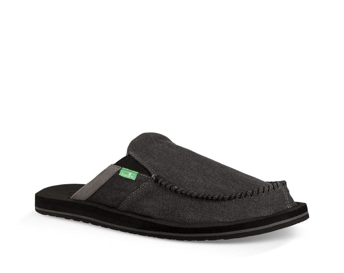 Sanuk You Got My Back III slip-on shoes in charcoal gray with canvas upper, moc toe stitching, and black cushioned sole, side view.