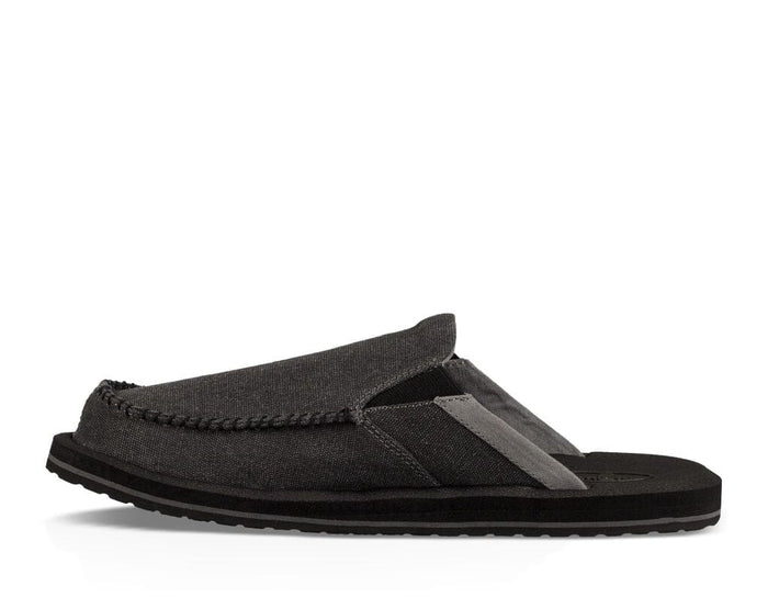 Sanuk You Got My Back III casual slip-ons in charcoal gray textile with a collapsible heel and soft footbed, side view.