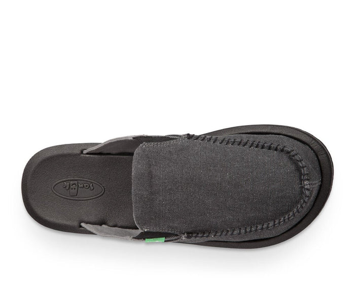 Sanuk You Got My Back III slip-on shoes in black with textile upper and stitched detailing, top view.