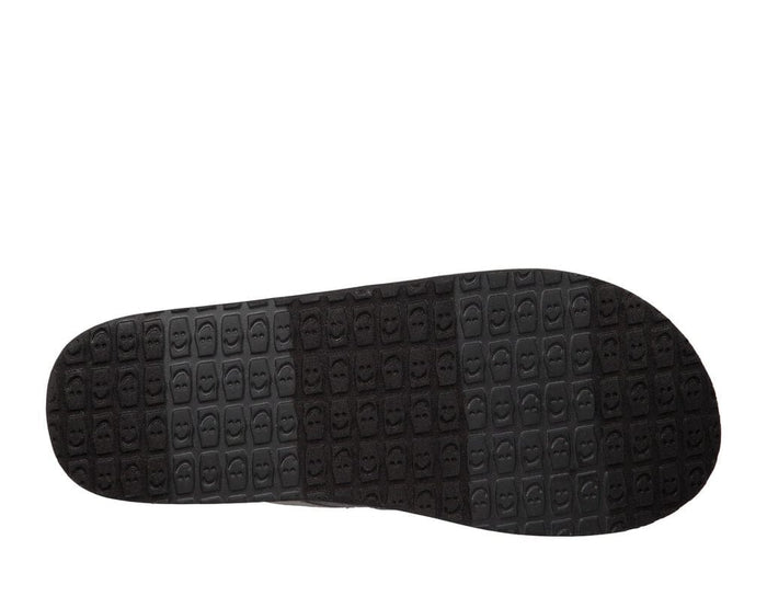 Sanuk You Got My Back III outsole with textured grid pattern featuring smiley face design, sole/bottom view in black.