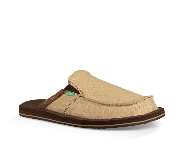 Sanuk You Got My Back III slip-on shoes in tan canvas with brown accents, visible stitching, and cushioned sole, side view.