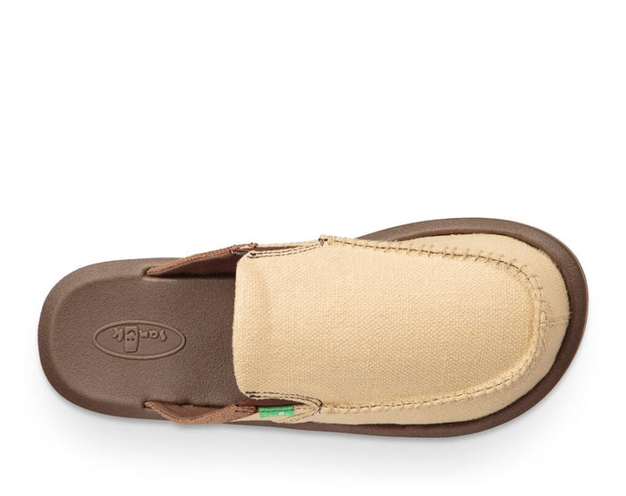 Sanuk You Got My Back III slip-on sandals top view featuring beige canvas upper and brown cushioned footbed with stitching detail.