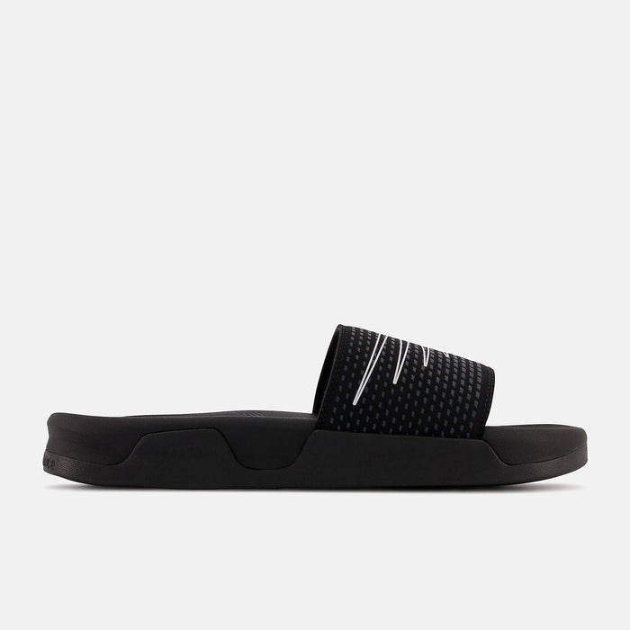 New Balance Zare Comfort sandals in black with textured strap design and cushioned sole, side view.