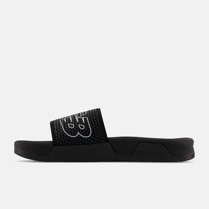New Balance Zare Comfort sandals in black with textured strap featuring New Balance logo, side view.
