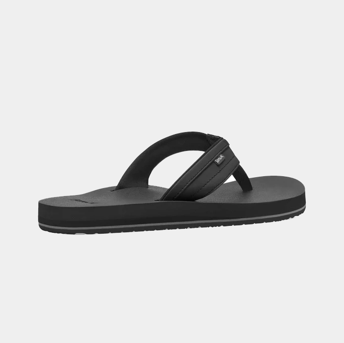 Sanuk Ziggy flip-flop sandals in black with padded straps and contoured footbed, side view.