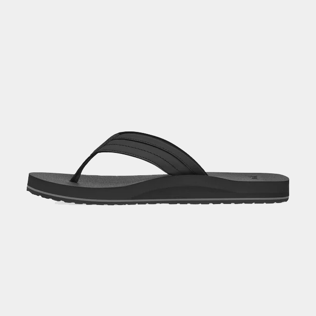 Sanuk Ziggy flip-flop sandals in black with padded straps and cushioned footbed, side view.