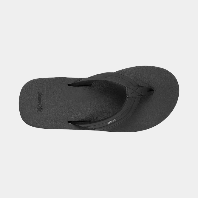 Sanuk Ziggy flip-flops in solid black with soft footbed and durable thong-style straps, top view.