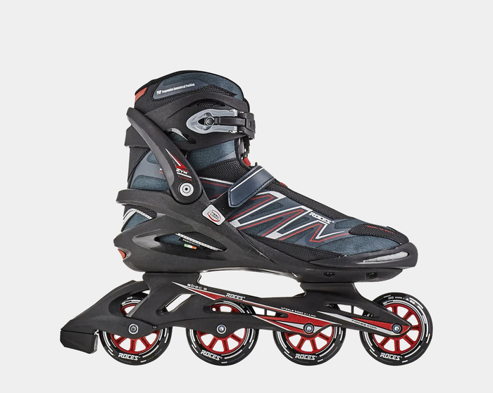 Roces ZYX Inline Skates in black and gray with red accents, adjustable straps, and durable frame with four red wheels, side view.